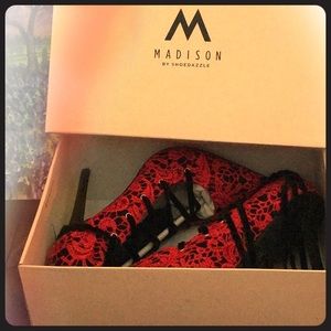 NEWMadison Red Lace Stilettos w/Faux-Velvet  Laces
